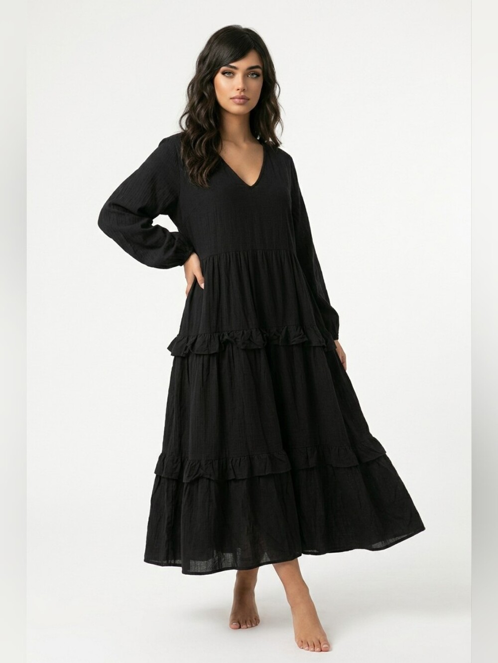 Rustty DUSTTY BLACK Maxi Dress TEIRED V Neck Boho GOTH FLOWING Cotton